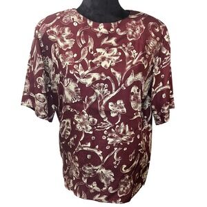 Vintage Womens Burgundy Floral 100% Silk Short Sleeve Blouse Top Size 8